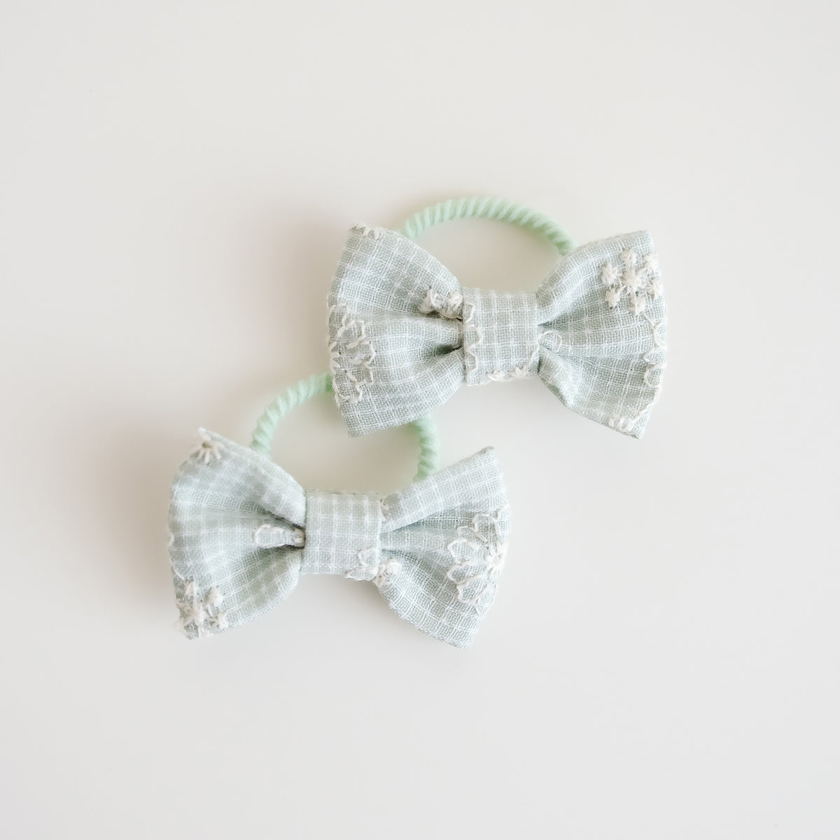Mini Bow Fabric Hair Ties | Embroidered Mist