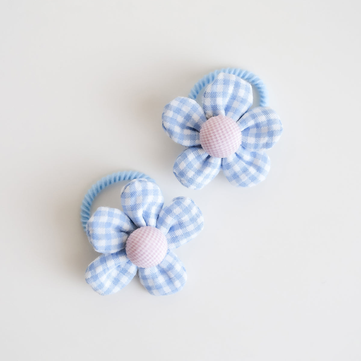 Puff Flower Fabric Hair Ties | Cornflower Check